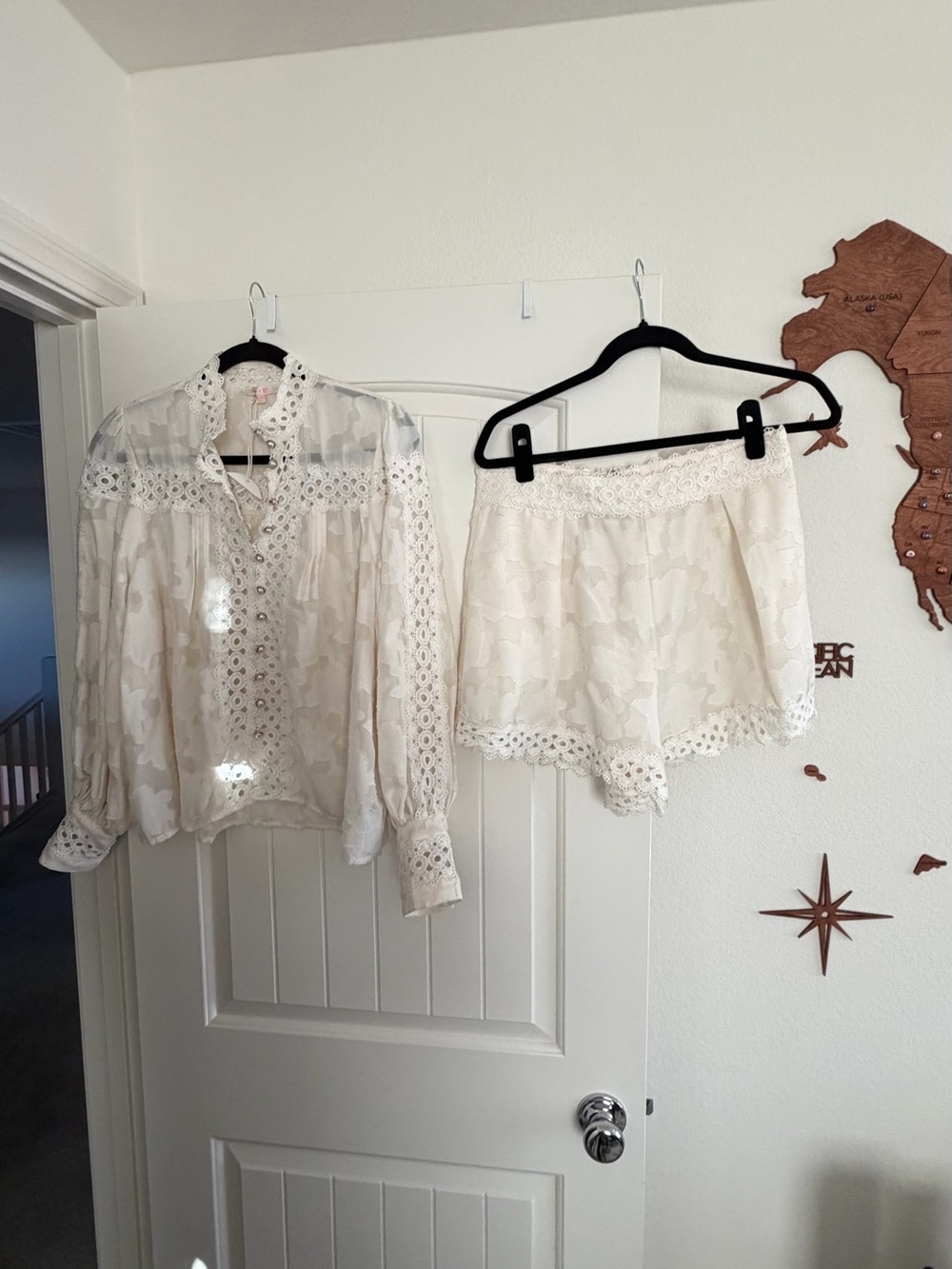 Luxxel Ivory Crochet-Trim Blouse & Short Set